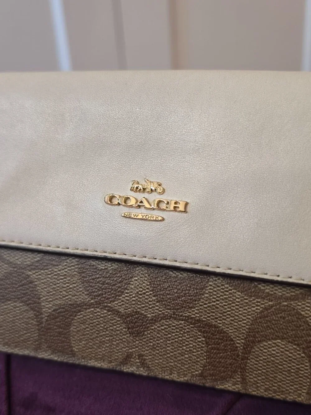 Gorgeous Coach Foldover Wristlet Clutch Wallet in Brown and White